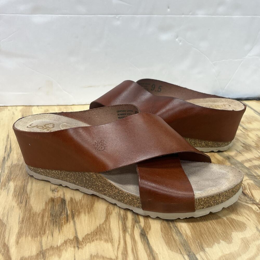 Women's Cognac Leather Crossover Wedge Sandals